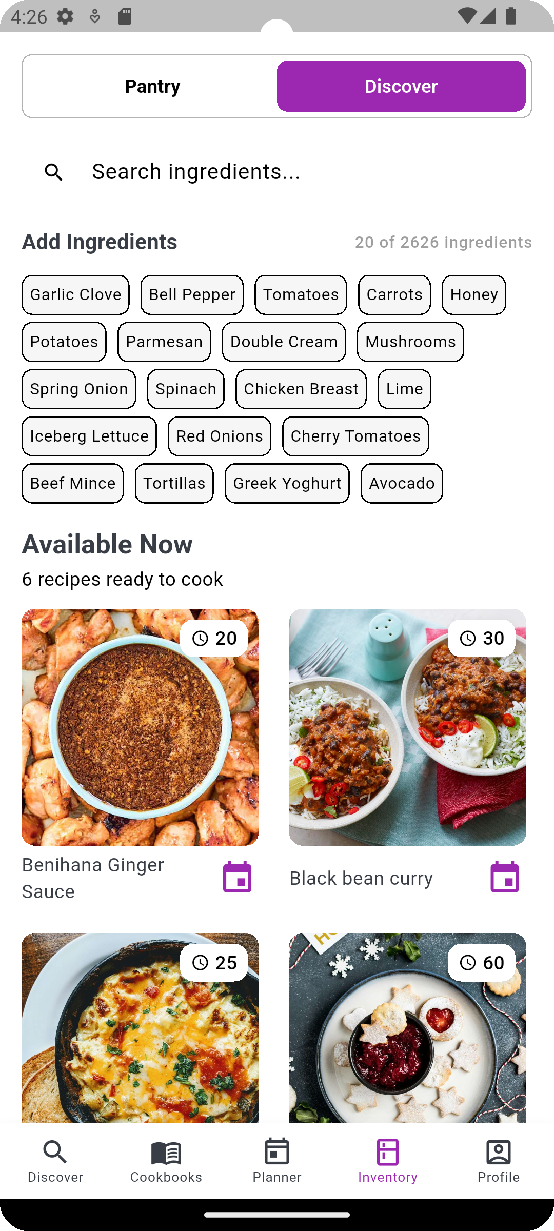 Adding ingredients and recipe suggestions