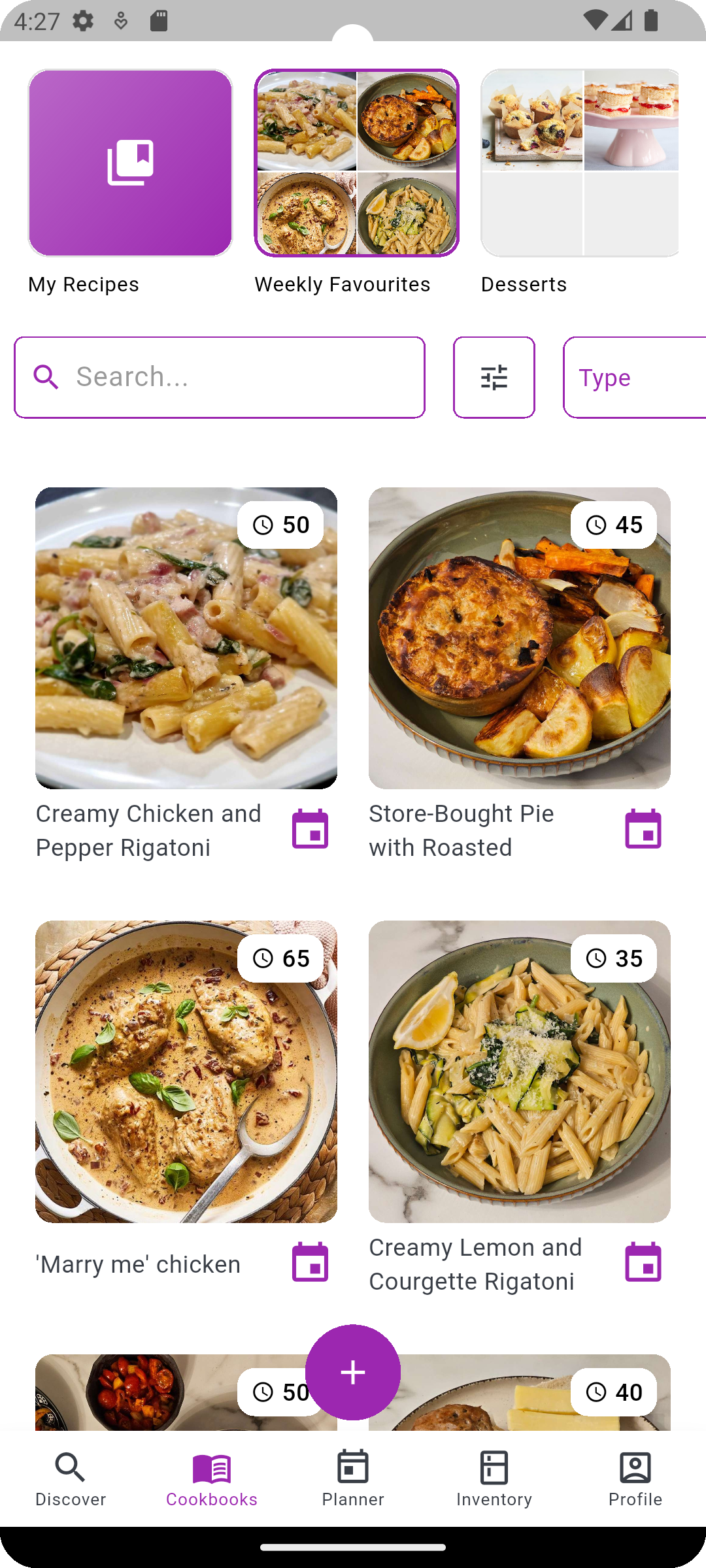 Cookbooks overview screen