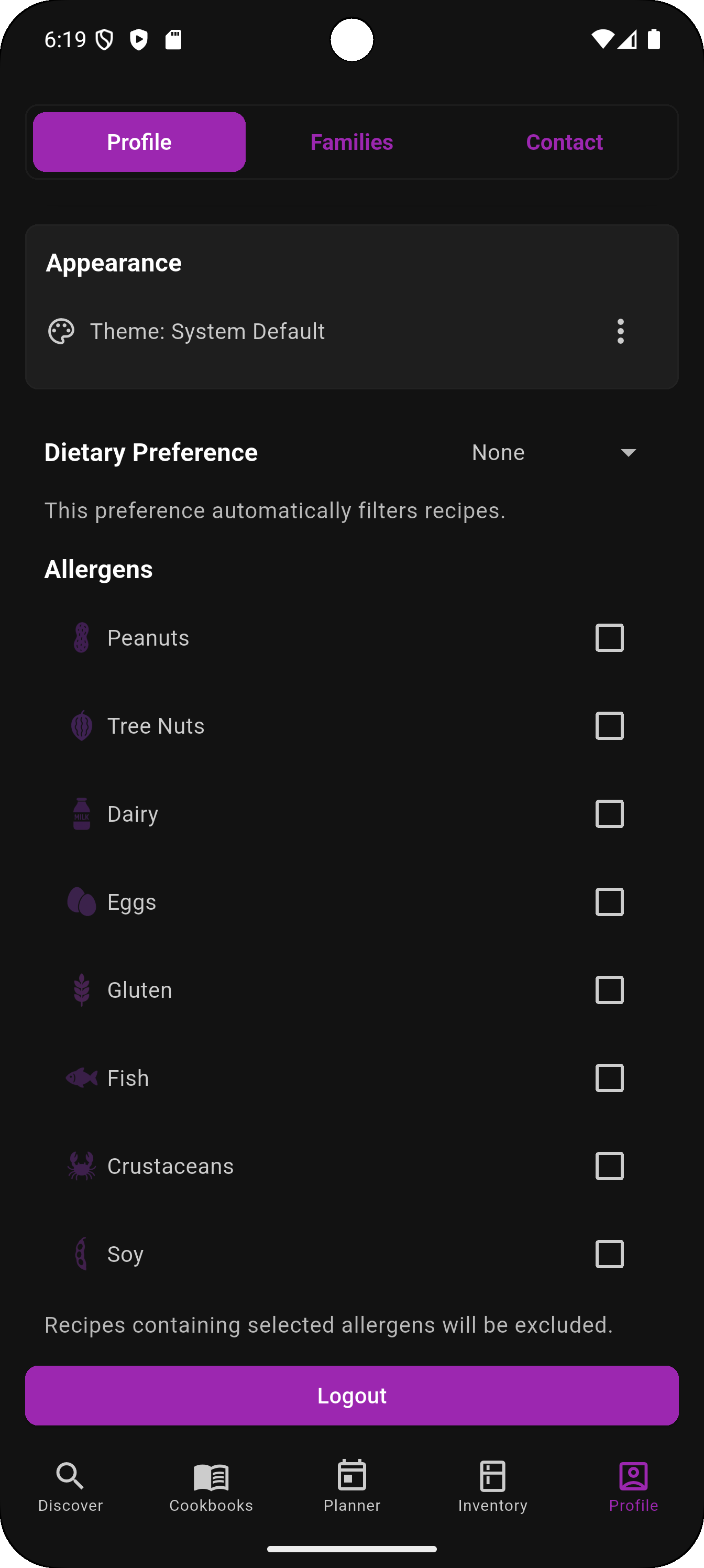 App Screenshot - Diet & Allergen Filters overview