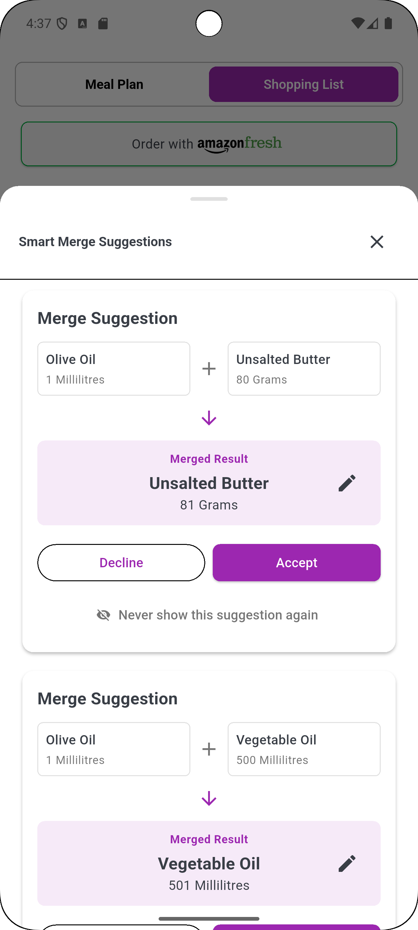 Recipes with missing ingredients